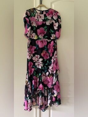 Shoshanna Midnight Black Maxi Dress with Pink Floral Print size 12